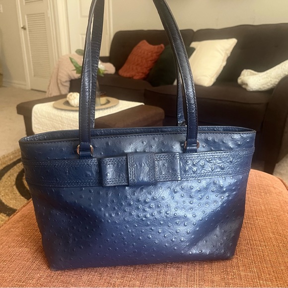KATE SPADE New York Navy Blue Leather Ostrich Bow Handbag Shoulder Purse! - Picture 2 of 9